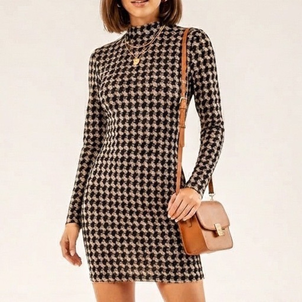 Lulus Mock Neck Houndstooth Mini Dress Sz S Black Tan Long Sleeve Academia Fall